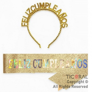 SET VINCHA PLSTICA PERLAS Y BANDA FELIZ CUMPLEAOS GIBRE ORO X 1